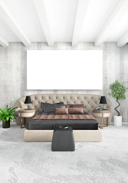 Dikey yatak odası en az ya da Loft tarzı iç tasarım. 3D render. Kavram fikir.