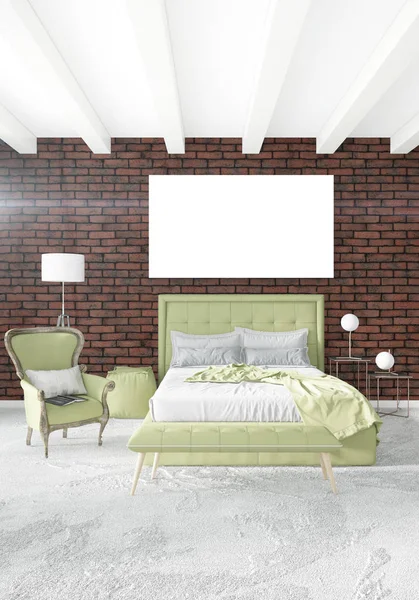 Dikey yatak odası en az ya da Loft tarzı iç tasarım. 3D render. Kavram fikir.