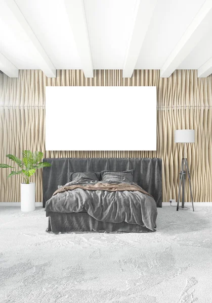 Ελάχιστη κατακόρυφη υπνοδωμάτιο ή σοφίτα στυλ εσωτερικό σχεδιασμό. 3D rendering. Κεντρική ιδέα. — Φωτογραφία Αρχείου