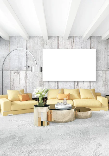 Dikey yatak odası en az ya da Loft tarzı iç tasarım. 3D render. Kavram fikir.