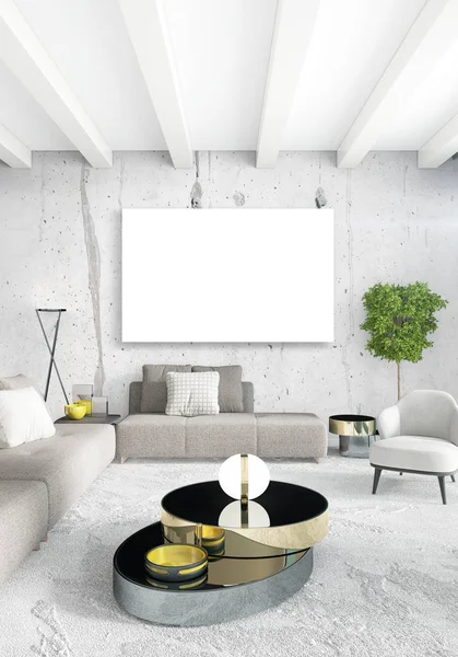 Dormitorio vertical de estilo minimalista o loft de diseño de interiores. Representación 3D. Concepto idea . — Foto de Stock