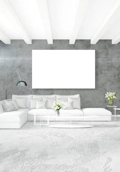 Dikey yatak odası en az ya da Loft tarzı iç tasarım. 3D render. Kavram fikir.