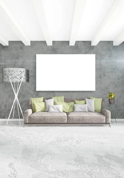 Dikey yatak odası en az ya da Loft tarzı iç tasarım. 3D render. Kavram fikir.