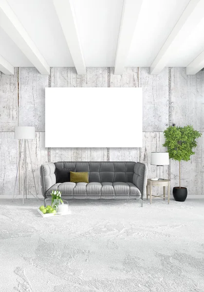 Dikey yatak odası en az ya da Loft tarzı iç tasarım. 3D render. Kavram fikir.