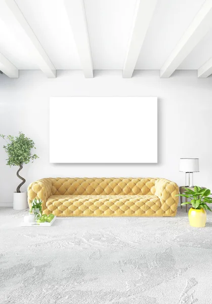 Dikey yatak odası en az ya da Loft tarzı iç tasarım. 3D render. Kavram fikir.