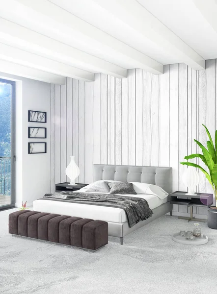 Vertical Bedroom Minimal or Loft style Interior Design. 3D Rendering. Concept idea. — Stock Photo, Image