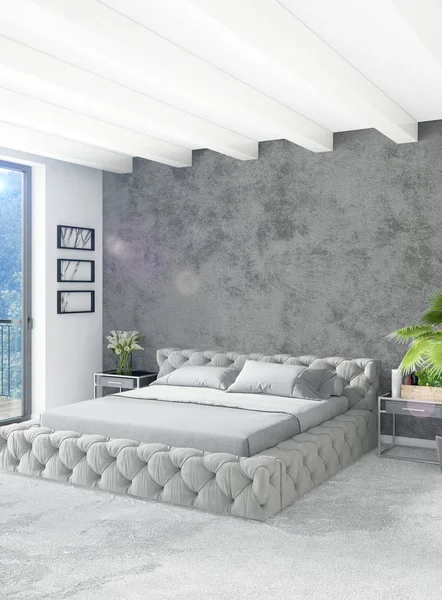 Dikey yatak odası en az ya da Loft tarzı iç tasarım. 3D render. Kavram fikir.