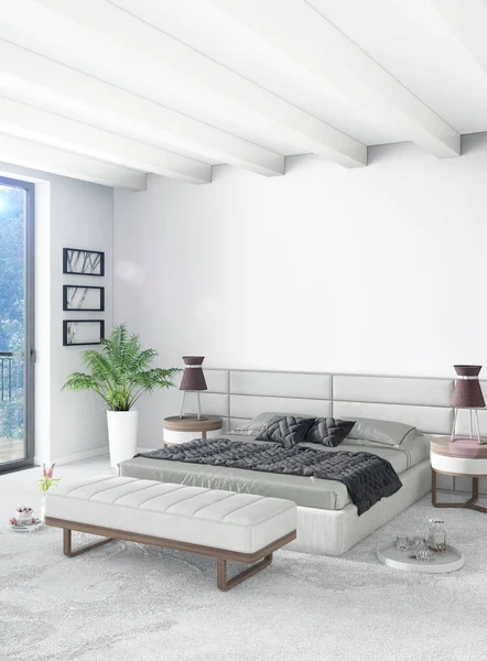 Dikey yatak odası en az ya da Loft tarzı iç tasarım. 3D render. Kavram fikir.