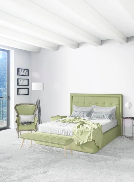 Dikey yatak odası en az ya da Loft tarzı iç tasarım. 3D render. Kavram fikir.