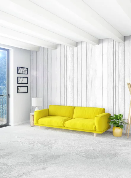 Dikey yatak odası en az ya da Loft tarzı iç tasarım. 3D render. Kavram fikir.