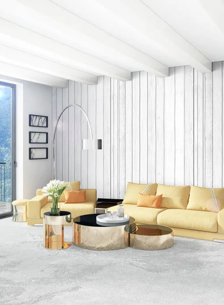 Dikey yatak odası en az ya da Loft tarzı iç tasarım. 3D render. Kavram fikir.