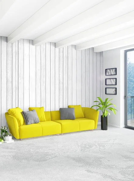 Dikey yatak odası en az ya da Loft tarzı iç tasarım. 3D render. Kavram fikir.