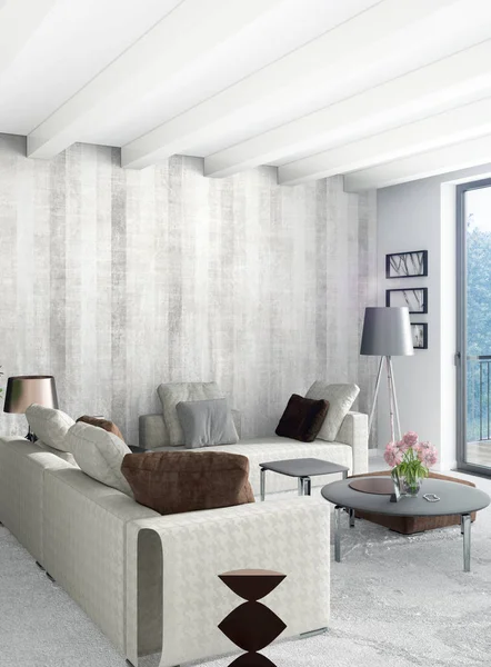 Dikey yatak odası en az ya da Loft tarzı iç tasarım. 3D render. Kavram fikir.