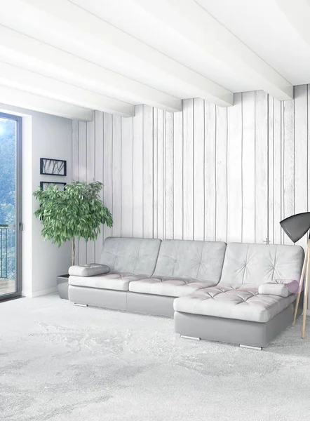 Dikey yatak odası en az ya da Loft tarzı iç tasarım. 3D render. Kavram fikir.