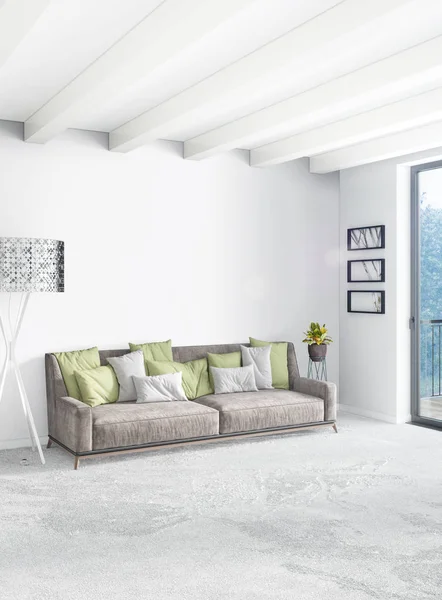 Dikey yatak odası en az ya da Loft tarzı iç tasarım. 3D render. Kavram fikir.