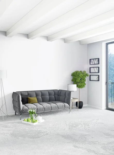 Dikey yatak odası en az ya da Loft tarzı iç tasarım. 3D render. Kavram fikir.