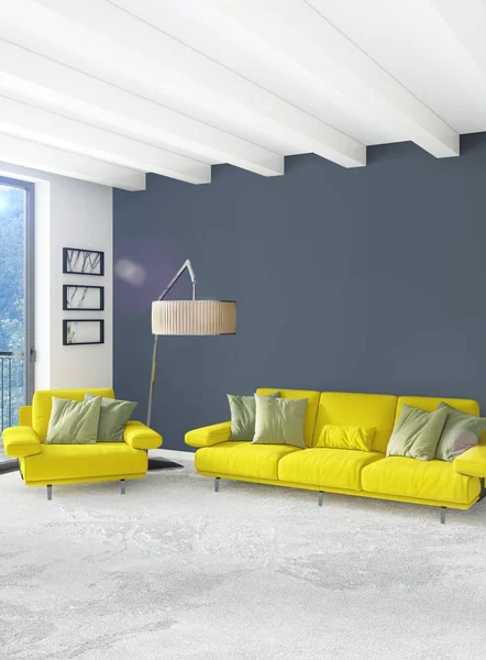 Dikey yatak odası en az ya da Loft tarzı iç tasarım. 3D render. Kavram fikir.