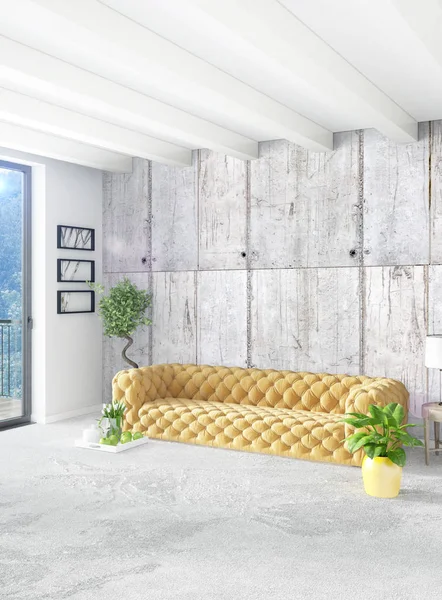 Dikey yatak odası en az ya da Loft tarzı iç tasarım. 3D render. Kavram fikir.