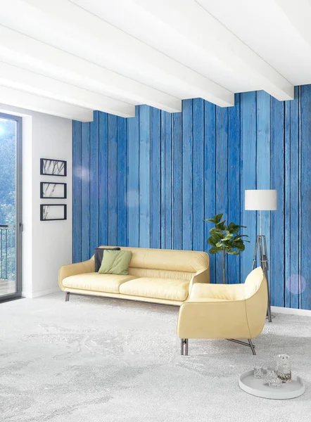 Dikey yatak odası en az ya da Loft tarzı iç tasarım. 3D render. Kavram fikir.