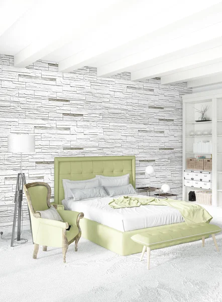 Dikey yatak odası en az ya da Loft tarzı iç tasarım. 3D render. Kavram fikir.