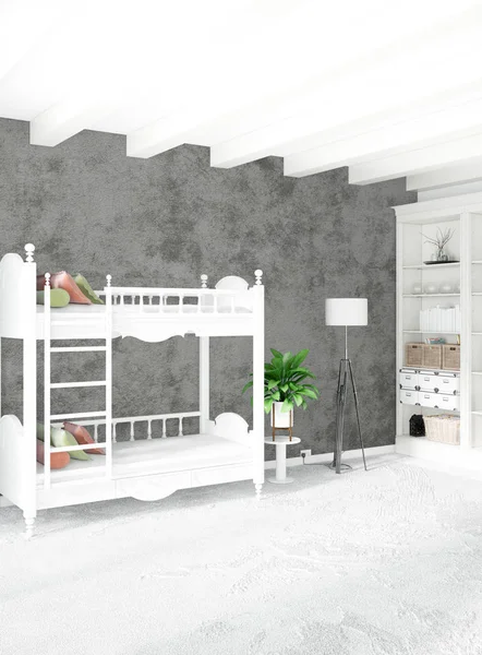 Dikey yatak odası en az ya da Loft tarzı iç tasarım. 3D render. Kavram fikir.