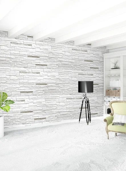 Dikey yatak odası en az ya da Loft tarzı iç tasarım. 3D render. Kavram fikir.