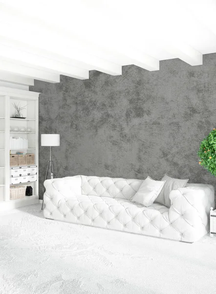 Dikey yatak odası en az ya da Loft tarzı iç tasarım. 3D render. Kavram fikir.