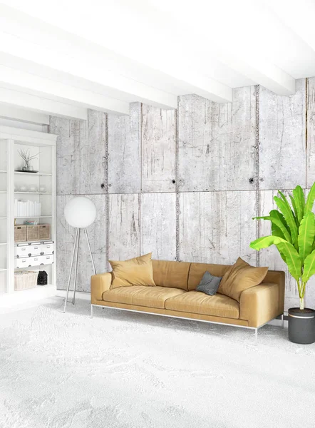 Dikey yatak odası en az ya da Loft tarzı iç tasarım. 3D render. Kavram fikir.