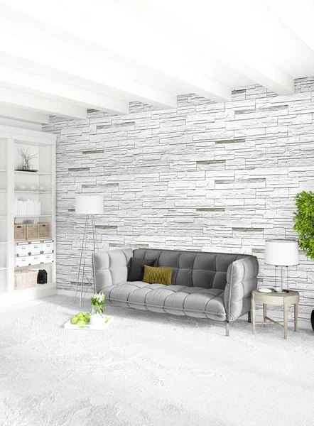 Dikey yatak odası en az ya da Loft tarzı iç tasarım. 3D render. Kavram fikir.