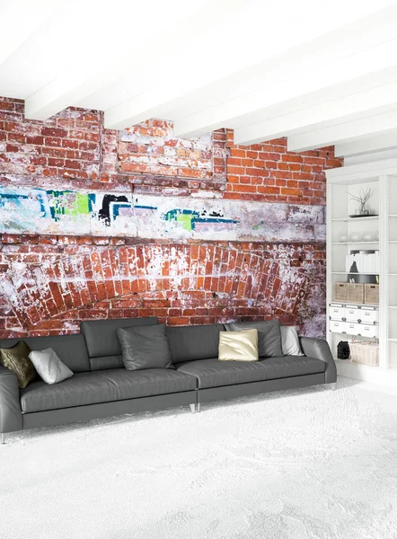 Dikey yatak odası en az ya da Loft tarzı iç tasarım. 3D render. Kavram fikir.