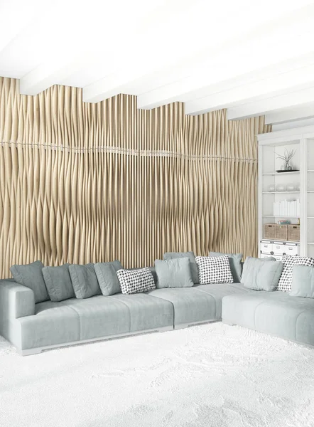 Dikey yatak odası en az ya da Loft tarzı iç tasarım. 3D render. Kavram fikir.