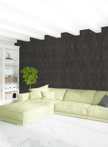 Dikey yatak odası en az ya da Loft tarzı iç tasarım. 3D render. Kavram fikir.