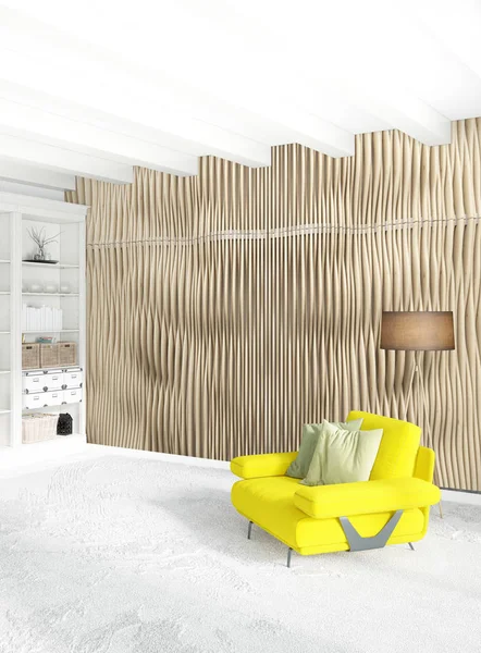 Dikey yatak odası en az ya da Loft tarzı iç tasarım. 3D render. Kavram fikir.