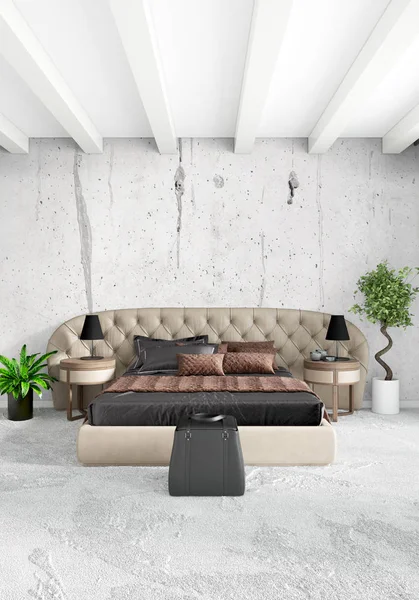 Dikey yatak odası en az ya da Loft tarzı iç tasarım. 3D render. Kavram fikir.