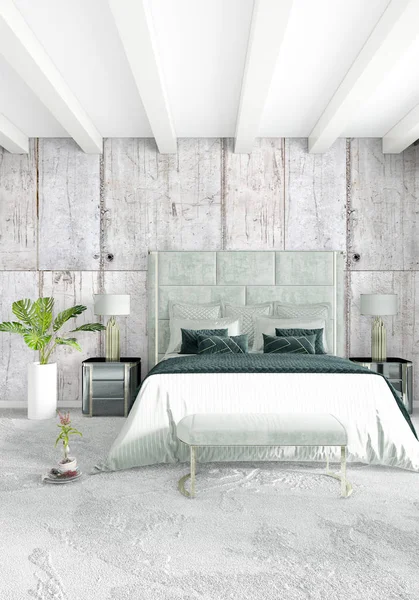 Dikey yatak odası en az ya da Loft tarzı iç tasarım. 3D render. Kavram fikir.