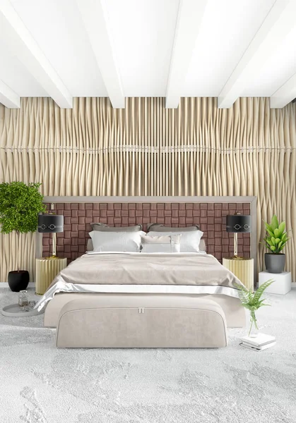 Dikey yatak odası en az ya da Loft tarzı iç tasarım. 3D render. Kavram fikir.