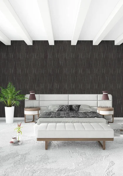 Dikey yatak odası en az ya da Loft tarzı iç tasarım. 3D render. Kavram fikir.