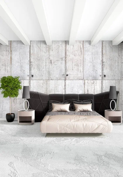 Dikey yatak odası en az ya da Loft tarzı iç tasarım. 3D render. Kavram fikir.