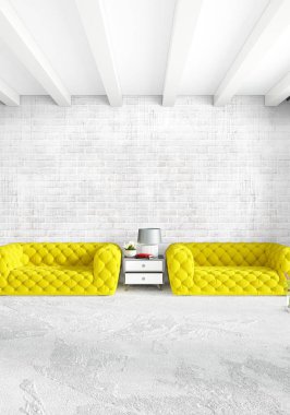 Dikey yatak odası en az ya da Loft tarzı iç tasarım. 3D render. Kavram fikir.