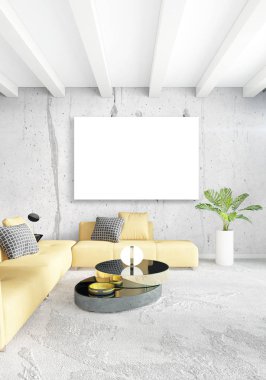 Dikey yatak odası en az ya da Loft tarzı iç tasarım. 3D render. Kavram fikir.