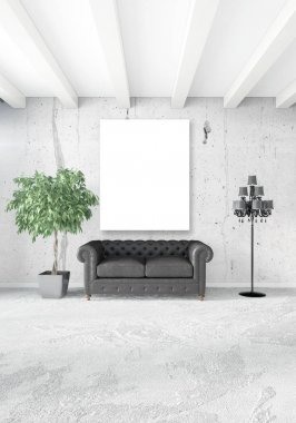 Dikey yatak odası en az ya da Loft tarzı iç tasarım. 3D render. Kavram fikir.