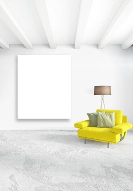 Dikey yatak odası en az ya da Loft tarzı iç tasarım. 3D render. Kavram fikir.