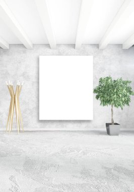 Dikey yatak odası en az ya da Loft tarzı iç tasarım. 3D render. Kavram fikir.