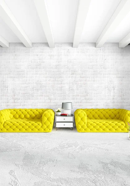 Dikey yatak odası en az ya da Loft tarzı iç tasarım. 3D render. Kavram fikir.