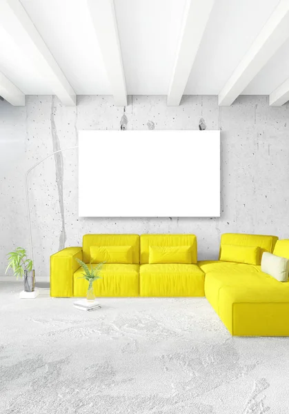 Dikey yatak odası en az ya da Loft tarzı iç tasarım. 3D render. Kavram fikir.