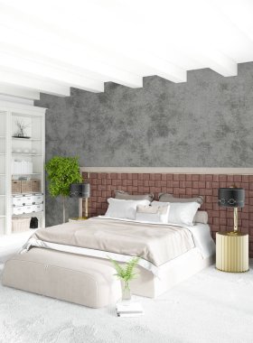 Dikey yatak odası en az ya da Loft tarzı iç tasarım. 3D render. Kavram fikir.