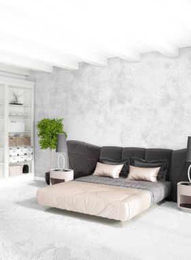 Dikey yatak odası en az ya da Loft tarzı iç tasarım. 3D render. Kavram fikir.