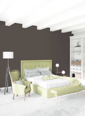 Dikey yatak odası en az ya da Loft tarzı iç tasarım. 3D render. Kavram fikir.