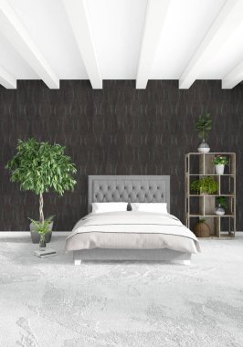 Dikey yatak odası en az ya da Loft tarzı iç tasarım. 3D render. Kavram fikir.