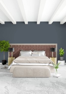 Dikey yatak odası en az ya da Loft tarzı iç tasarım. 3D render. Kavram fikir.